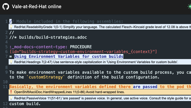 Vale linting results with errors and warnings